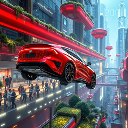A futuristic Fiat car in a vivid red color, designed for the year 2100