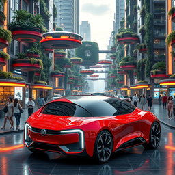 A futuristic Fiat car in a vivid red color, designed for the year 2100