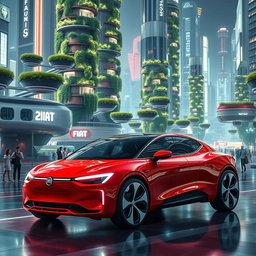 A futuristic Fiat car in a vivid red color, designed for the year 2100