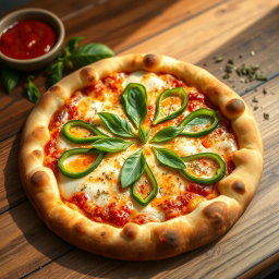 A deliciously crafted green capsicum pizza, showcasing a perfectly baked crust that is thick and golden brown, with a delightful crispy edge
