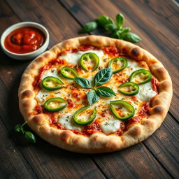 A deliciously crafted green capsicum pizza, showcasing a perfectly baked crust that is thick and golden brown, with a delightful crispy edge