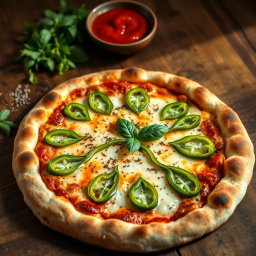 A deliciously crafted green capsicum pizza, showcasing a perfectly baked crust that is thick and golden brown, with a delightful crispy edge