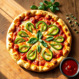 A deliciously crafted green capsicum pizza, showcasing a perfectly baked crust that is thick and golden brown, with a delightful crispy edge