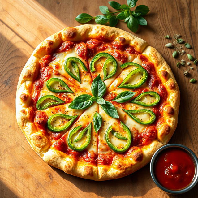 A deliciously crafted green capsicum pizza, showcasing a perfectly baked crust that is thick and golden brown, with a delightful crispy edge