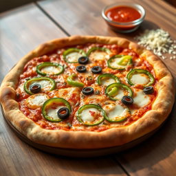 A freshly baked green capsicum pizza, showcasing a beautifully golden brown crust with a perfectly crispy edge that exhibits a delightful texture