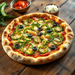 A freshly baked green capsicum pizza, showcasing a beautifully golden brown crust with a perfectly crispy edge that exhibits a delightful texture