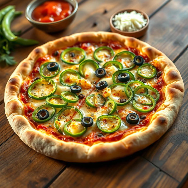 A freshly baked green capsicum pizza, showcasing a beautifully golden brown crust with a perfectly crispy edge that exhibits a delightful texture