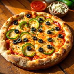 A freshly baked green capsicum pizza, showcasing a beautifully golden brown crust with a perfectly crispy edge that exhibits a delightful texture