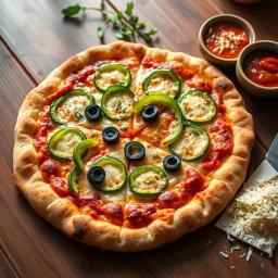 A freshly baked green capsicum pizza, showcasing a beautifully golden brown crust with a perfectly crispy edge that exhibits a delightful texture