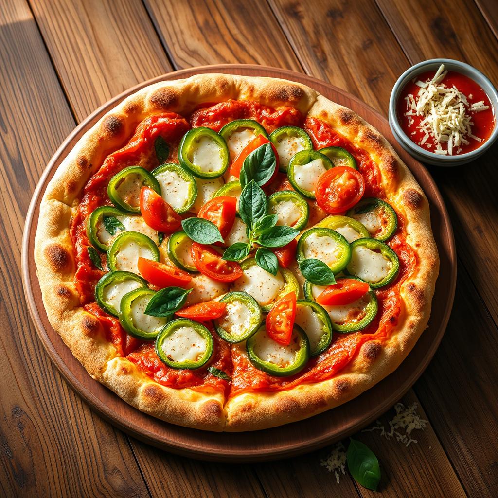 A tantalizing capsicum pizza, showcasing a thick, golden-brown crust that is beautifully baked and crispy around the edges