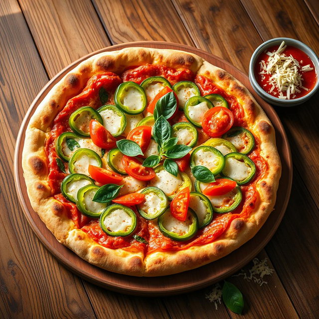 A tantalizing capsicum pizza, showcasing a thick, golden-brown crust that is beautifully baked and crispy around the edges
