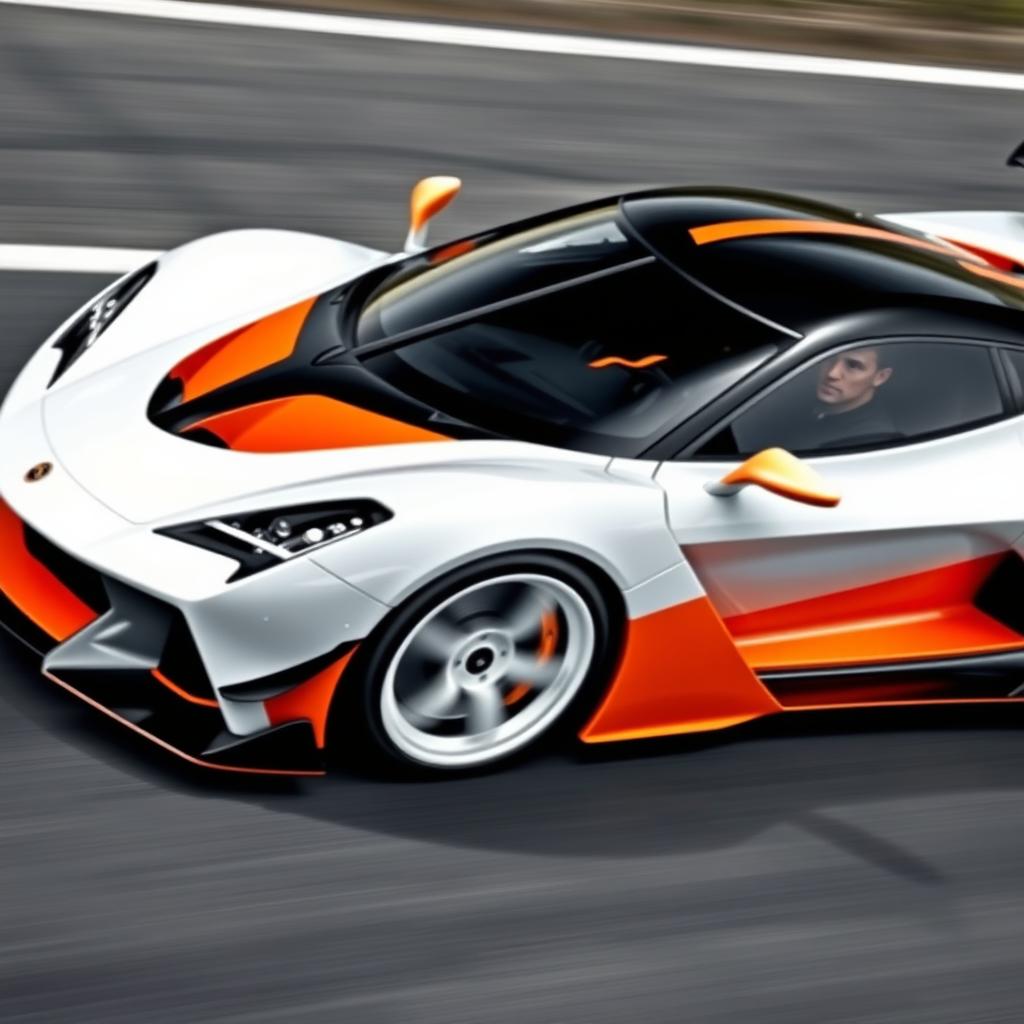 A sleek racing car featuring a white body with striking white wheels