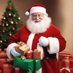 Santa Claus in his red suit, with a jovial expression, holding a sack full of gifts over his shoulder, amid Christmas decorations.