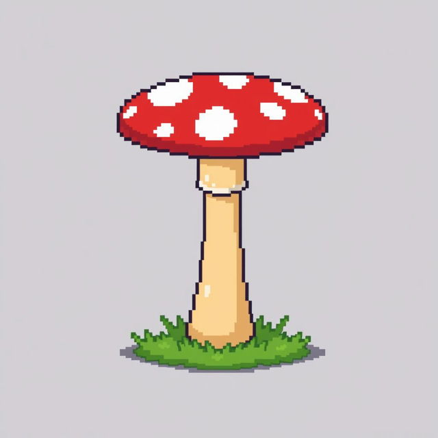 A pixel art style side table designed to look like a mushroom, featuring a wide, colorful mushroom cap as the tabletop and a thin, sturdy stem as the base