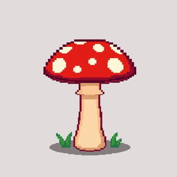A pixel art style side table designed to look like a mushroom, featuring a wide, colorful mushroom cap as the tabletop and a thin, sturdy stem as the base