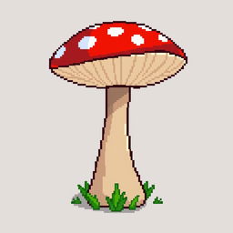 A pixel art style side table designed to look like a mushroom, featuring a wide, colorful mushroom cap as the tabletop and a thin, sturdy stem as the base