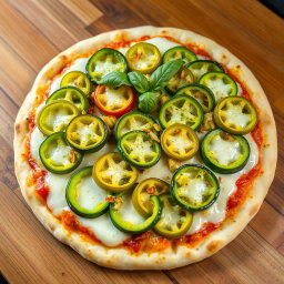 A visually appealing capsicum pizza loaded with fresh, crunchy slices of vibrant green capsicum layered generously over a bed of gooey, melted mozzarella cheese