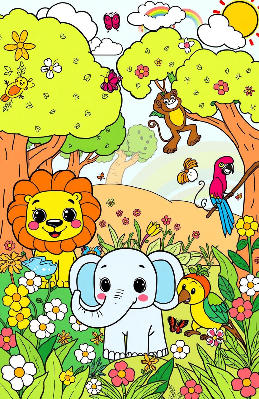 A whimsical coloring book page designed for kids, featuring a vibrant scene with friendly animals in a lush forest