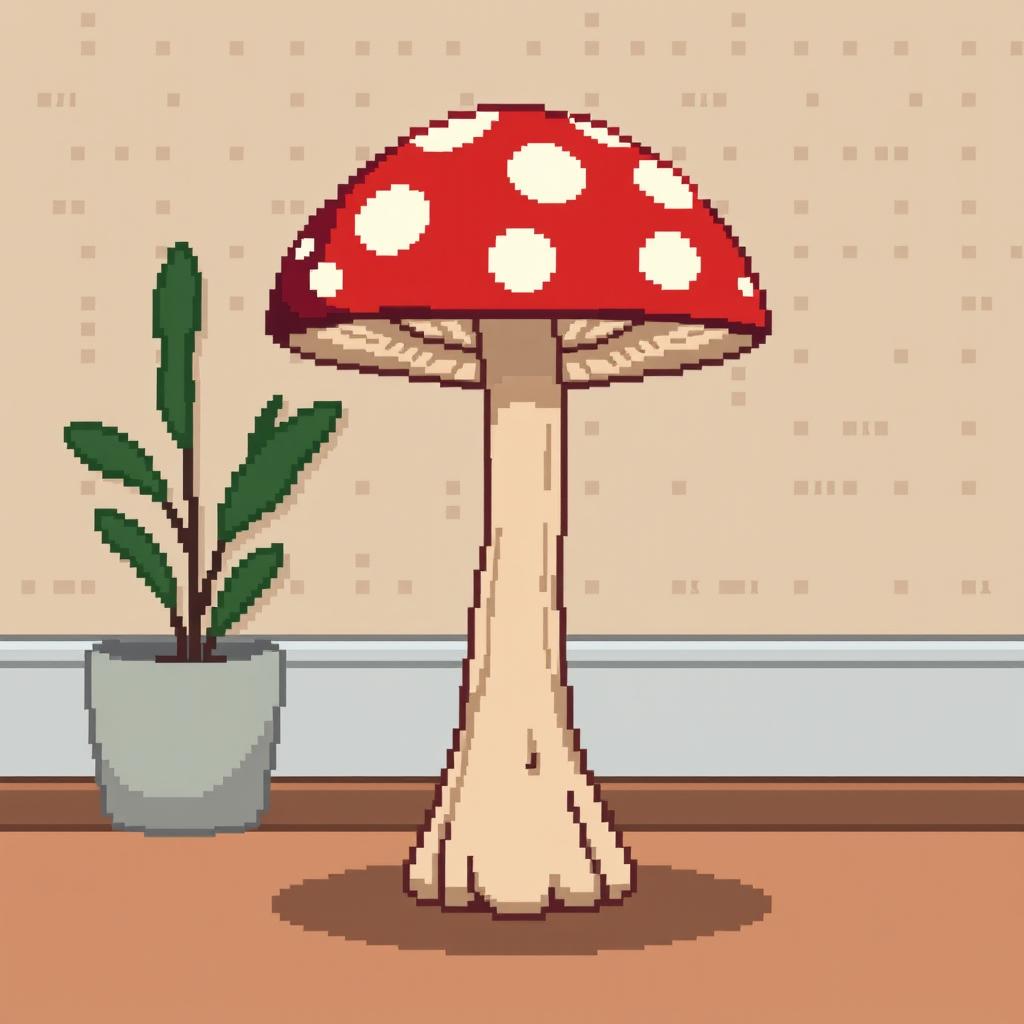 A whimsical pixel art depiction of a mushroom side table, featuring a bright red mushroom with white spots as the tabletop, supported by a sturdy wooden stem