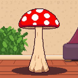 A whimsical pixel art depiction of a mushroom side table, featuring a bright red mushroom with white spots as the tabletop, supported by a sturdy wooden stem