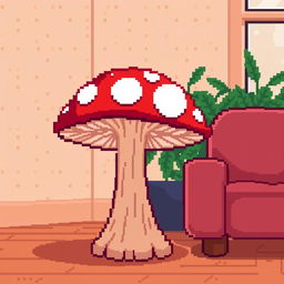 A whimsical pixel art depiction of a mushroom side table, featuring a bright red mushroom with white spots as the tabletop, supported by a sturdy wooden stem