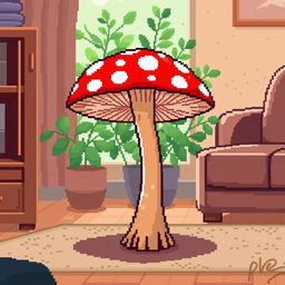 A whimsical pixel art depiction of a mushroom side table, featuring a bright red mushroom with white spots as the tabletop, supported by a sturdy wooden stem
