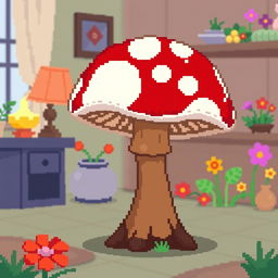 A charming pixel art representation of a mushroom side table, featuring a large, red and white spotted mushroom cap serving as the tabletop, supported by a sturdy brown stem as the table leg