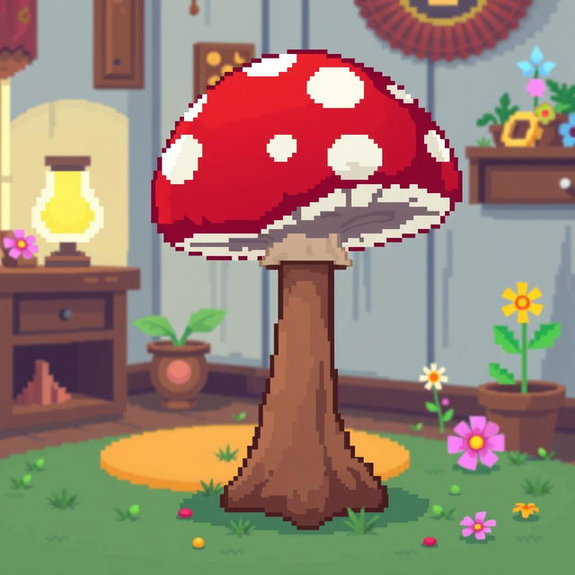 A charming pixel art representation of a mushroom side table, featuring a large, red and white spotted mushroom cap serving as the tabletop, supported by a sturdy brown stem as the table leg
