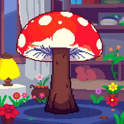 A charming pixel art representation of a mushroom side table, featuring a large, red and white spotted mushroom cap serving as the tabletop, supported by a sturdy brown stem as the table leg