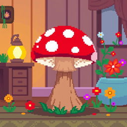 A charming pixel art representation of a mushroom side table, featuring a large, red and white spotted mushroom cap serving as the tabletop, supported by a sturdy brown stem as the table leg