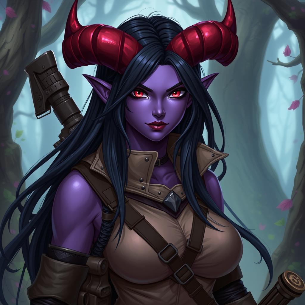 A fierce half-demon RPG character, portrayed as a woman with stunning purple skin and intense red eyes
