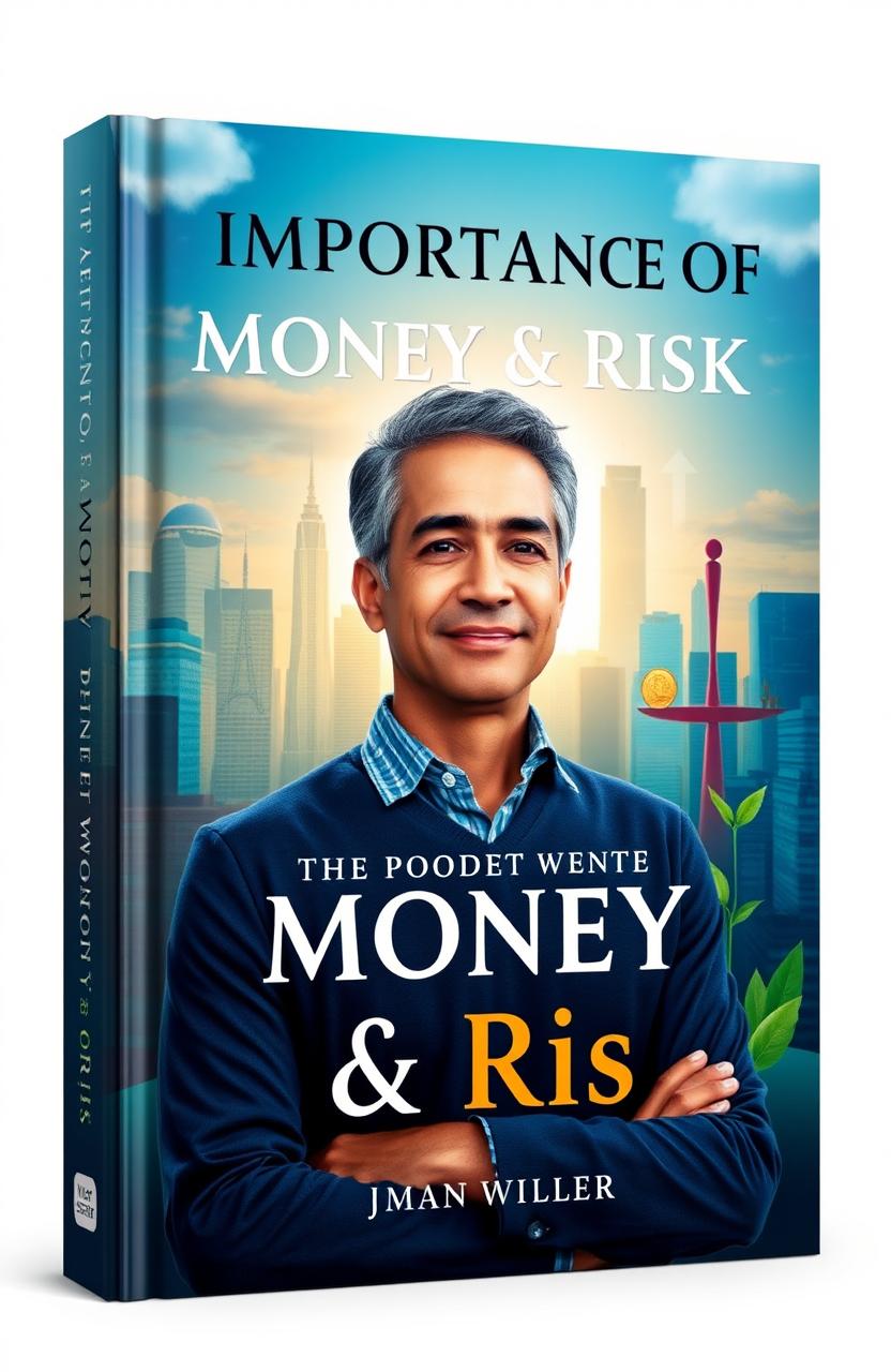 A captivating book cover for 'Importance of Money & Risk', featuring a calm and confident adult person with a subtle smile, standing against a backdrop of a vibrant cityscape integrated with financial symbols like stock charts and coins