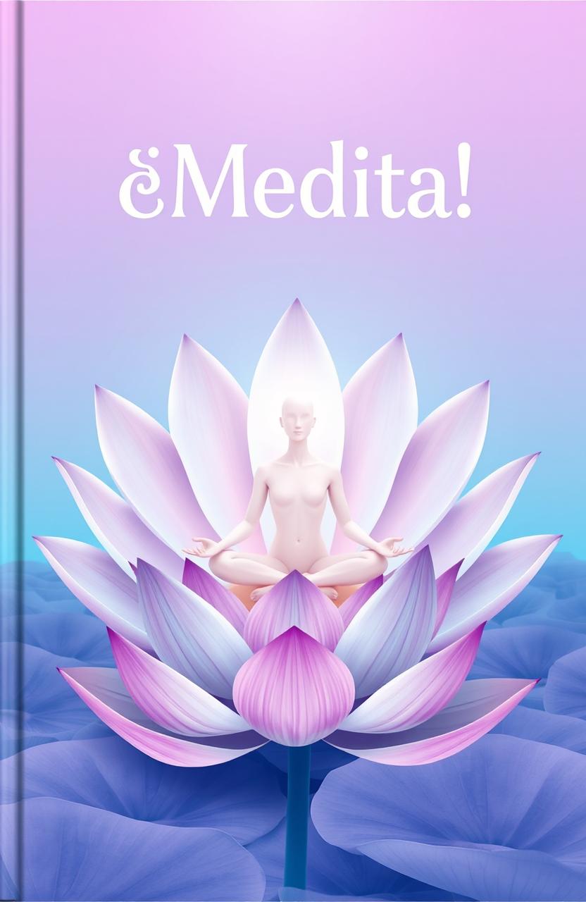 A serene, ethereal scene featuring a person with no discernible gender, sitting peacefully in the center of a large, vibrant lotus flower