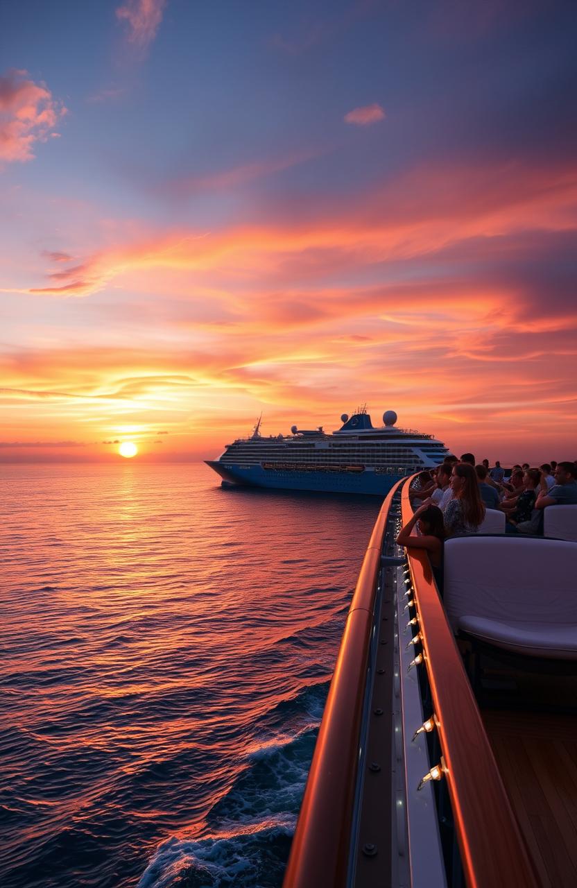 A serene scene depicting a beautiful sunset at sea, with a luxurious cruise ship gently gliding through calm waters