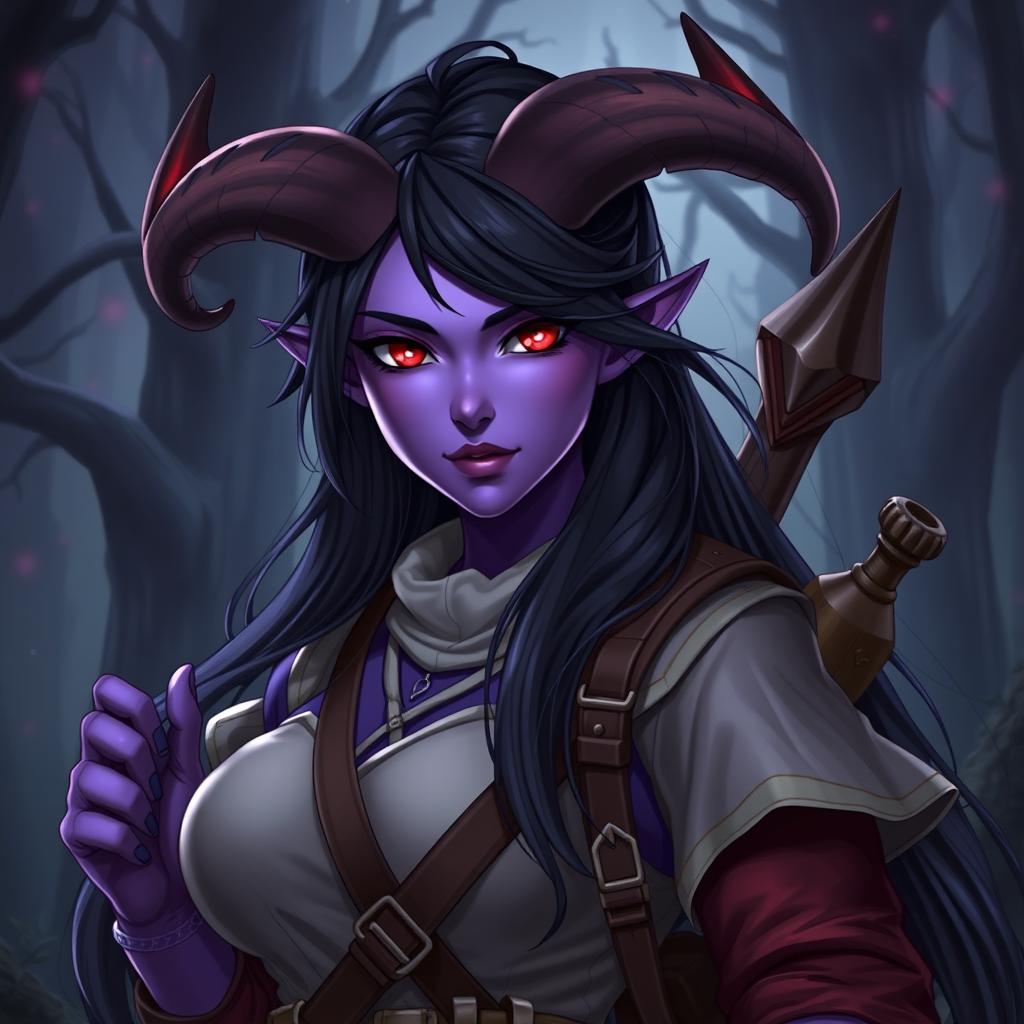 A powerful half-demon RPG character depicted as a woman with striking purple skin and piercing red eyes