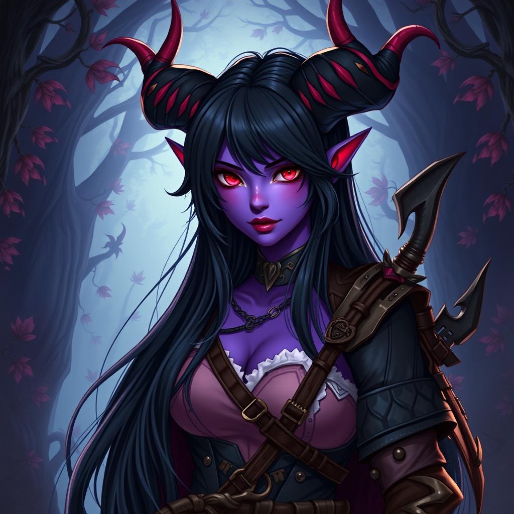An alluring half-demon RPG character depicted as a woman with vibrant purple skin and striking red eyes