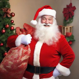 Santa Claus in his red suit, with a jovial expression, holding a sack full of gifts over his shoulder, amid Christmas decorations.