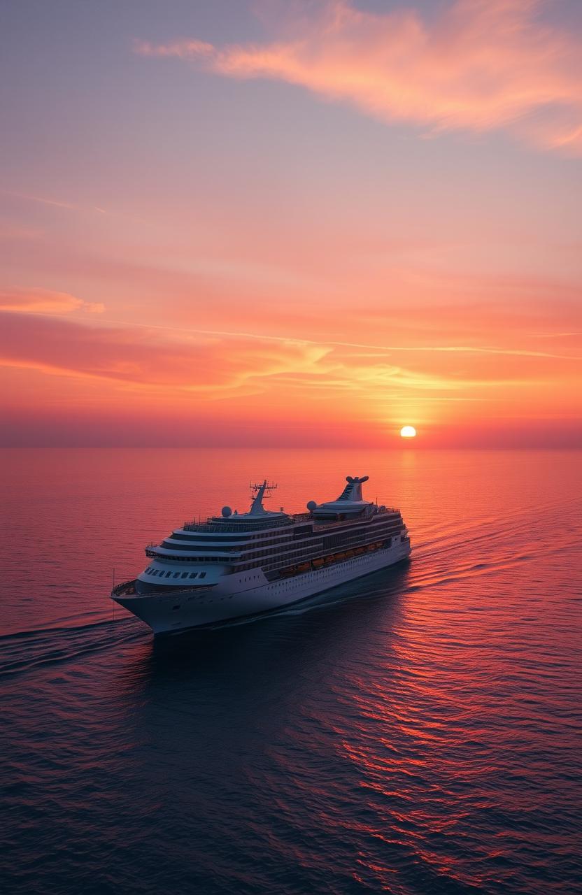 An ethereal cruise scene at sunset, featuring a majestic cruise ship gliding smoothly through calm waters