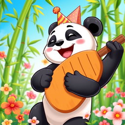 A cartoon panda joyfully holding a traditional wooden kentongan (a type of percussion instrument) with a big smile