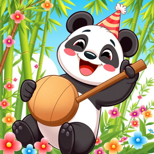 A cartoon panda joyfully holding a traditional wooden kentongan (a type of percussion instrument) with a big smile