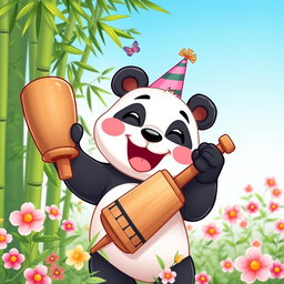 A cartoon panda joyfully holding a traditional wooden kentongan (a type of percussion instrument) with a big smile