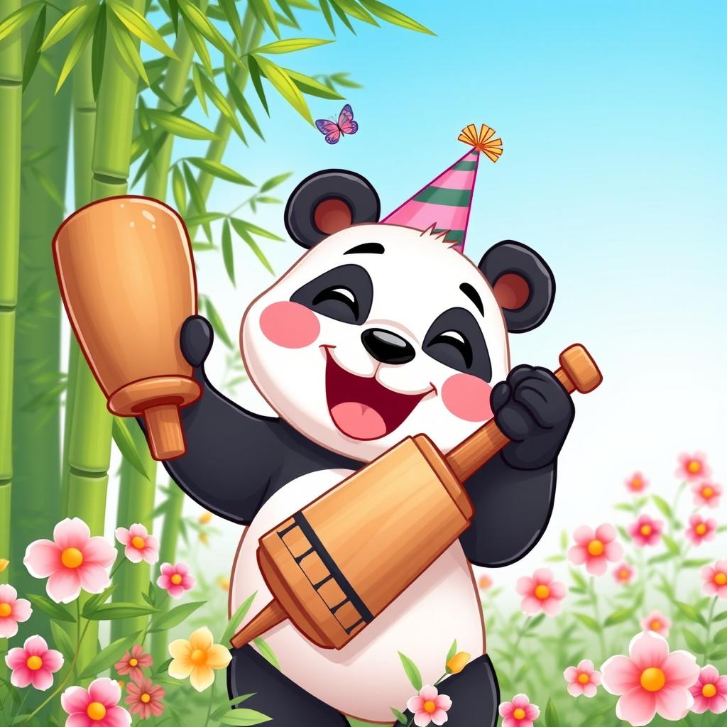 A cartoon panda joyfully holding a traditional wooden kentongan (a type of percussion instrument) with a big smile