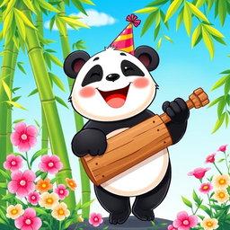 A cartoon panda joyfully holding a traditional wooden kentongan (a type of percussion instrument) with a big smile
