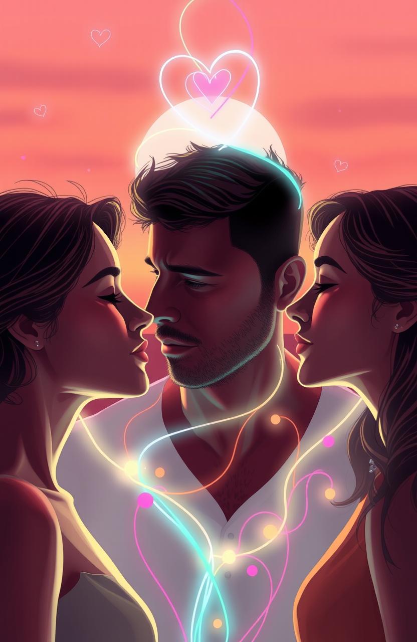 A triangular love story depicted visually, where three individuals are interconnected by colorful, swirling lines that symbolize their emotional connections