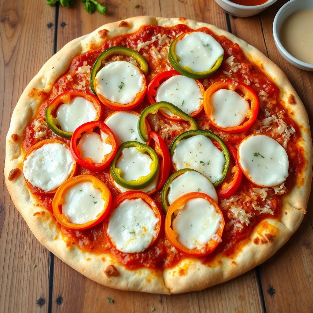 A freshly baked pizza topped with vibrant, crunchy slices of capsicum (bell pepper) layered generously with gooey, melted mozzarella cheese