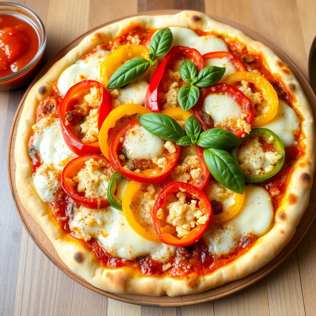 A mouth-watering pizza showcasing a medley of fresh, crunchy capsicum slices layered atop a generous amount of gooey melted mozzarella cheese
