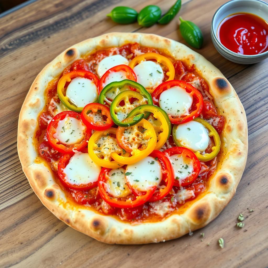 A freshly baked pizza topped with vibrant, crunchy slices of capsicum (bell pepper) layered generously with gooey, melted mozzarella cheese