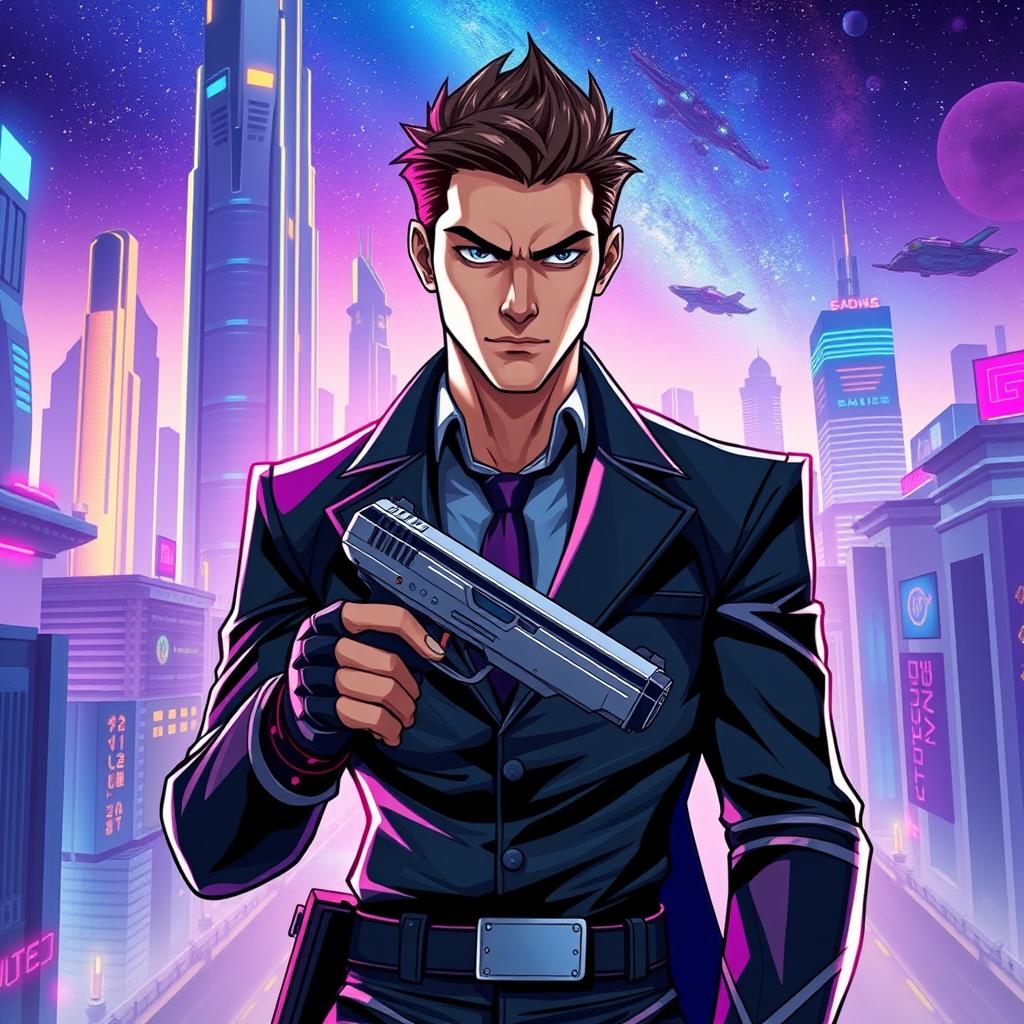 A bold and charismatic male secret agent in a futuristic cityscape, dressed in a sleek, high-tech suit with integrated gadgets