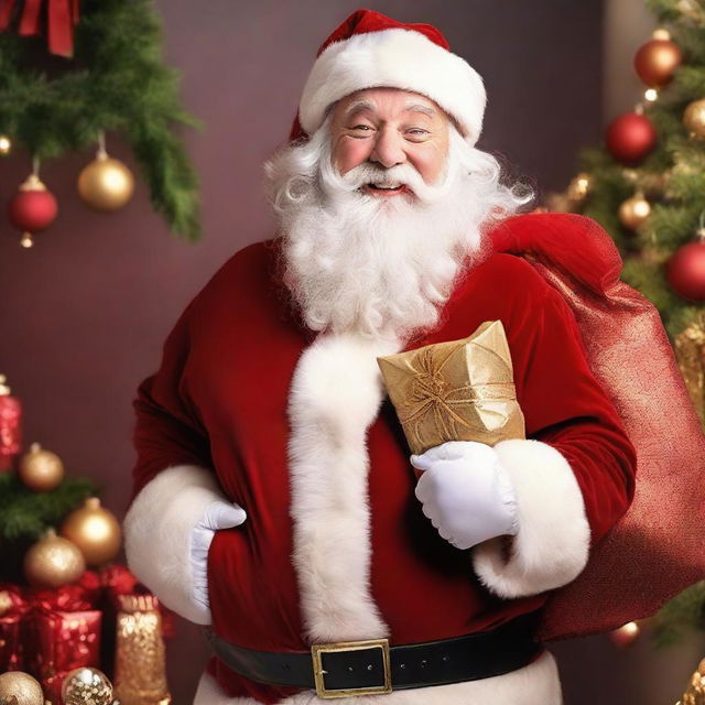 Santa Claus in his red suit, with a jovial expression, holding a sack full of gifts over his shoulder, amid Christmas decorations.