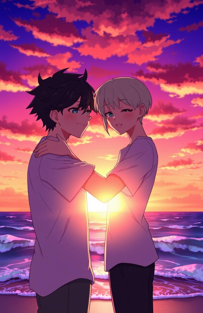 Two animated male characters embracing each other in front of a vibrant sunset at the beach